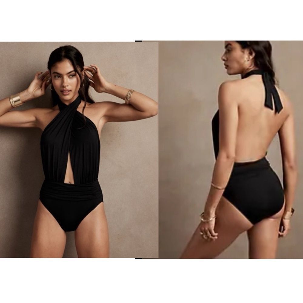 Banana Republic Black Wrap Halter One-Piece Swimsuit